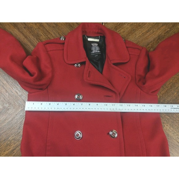 Juicy Couture Coat Size Small Red Italian Wool Jacket Ruffle Trim Pea Coat - Picture 5 of 15